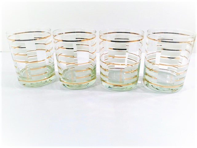 Georges Briard Signed Gold and White Geometric Double Old Fashion Glasses (Set of 2)