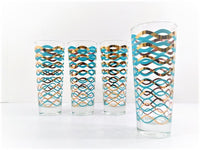 Load image into Gallery viewer, Anchor Hocking Rippling Ribbons Mid-Century 22-Karat Gold and Aqua Tall Collins Glasses (Set of 4)
