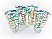 Load image into Gallery viewer, Anchor Hocking Rippling Ribbons Mid-Century 22-Karat Gold and Aqua Tall Collins Glasses (Set of 4)
