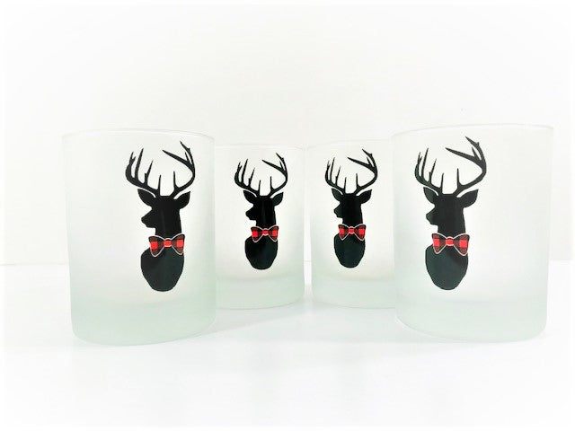 Culver Signed Mid-Century Plaid Reindeer Double Old Fashion Glasses (Set of 4)