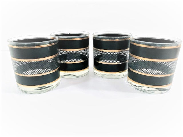 Georges Briard Mid-Century Gold and Black Bands Netting Glasses (Set of 4)