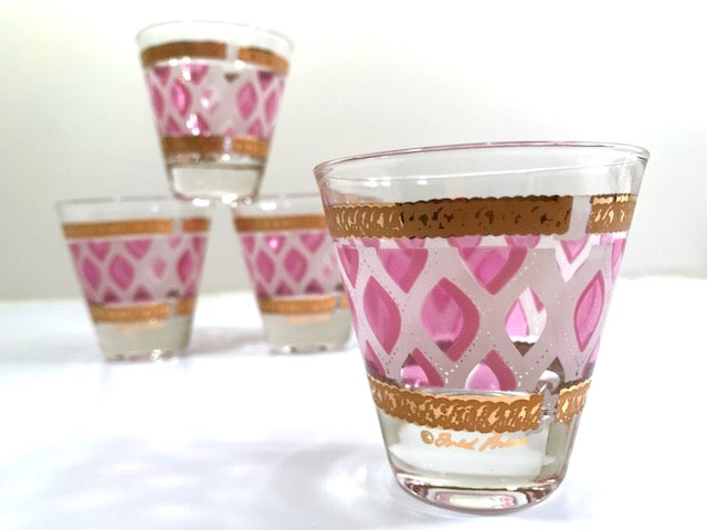 Fred Press Signed Mid-Century Pink and 22-Karat Gold Whiskey Glasses (Set of 4)