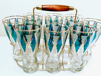 Load image into Gallery viewer, Libbey Mid-Century Emerald Blue and 22-Karat Gold Diamond Pilsner Glasses With Atomic Carrier (Set of 8)
