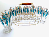 Load image into Gallery viewer, Libbey Mid-Century Emerald Blue and 22-Karat Gold Diamond Pilsner Glasses With Atomic Carrier (Set of 8)
