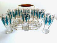 Load image into Gallery viewer, Libbey Mid-Century Emerald Blue and 22-Karat Gold Diamond Pilsner Glasses With Atomic Carrier (Set of 8)
