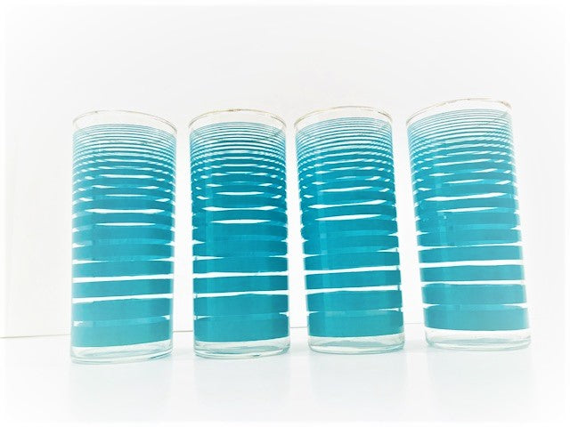 Federal Glass Mid-Century Aqua Stripe Tall Collins Glasses (Set of 4)