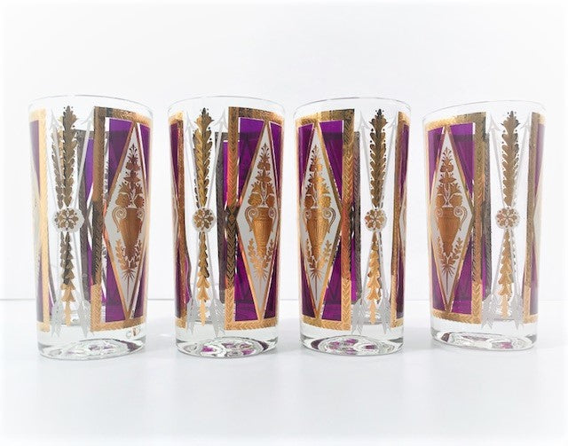 Cera Signed Mid-Century Gold and Amethyst Highball Glasses (Set of 4)
