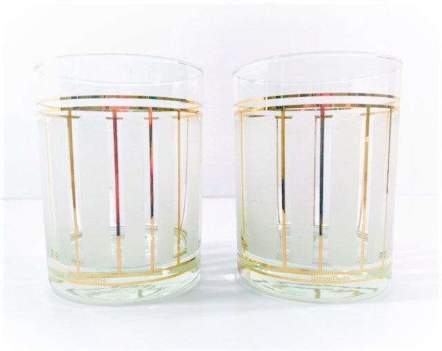 Culver Signed ServeMates White and Gold Stripe Double Old Fashion Glasses (Set of 2)