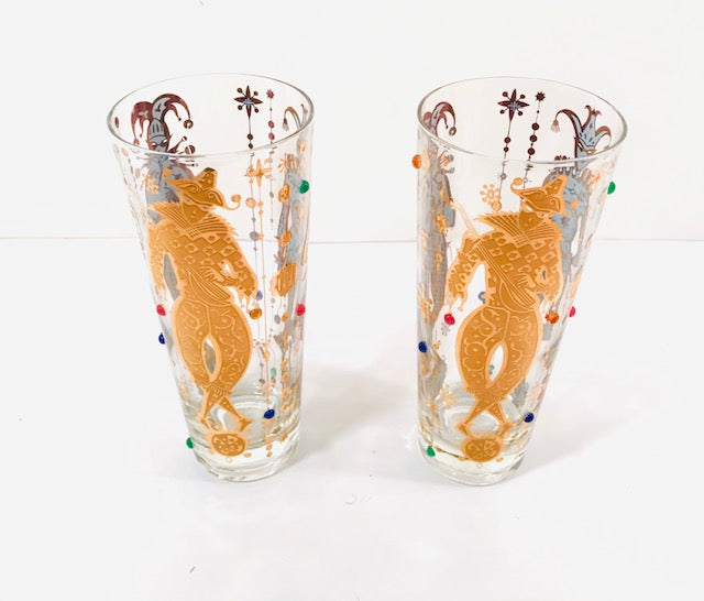 Culver Mid-Century Mardi Gras Jester With Jewels Tall Collins Glasses (Set of 2 )