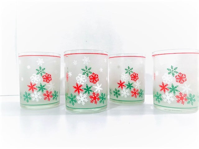Culver Signed Mid-Century Snowflakes Double Old Fashion Glasses (Set of 4)