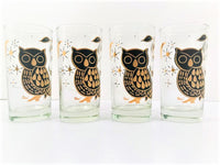 Load image into Gallery viewer, Bartlett Collins Glass Pokee Signed Retro Gold and Black Owl Highball Glasses (Set of 4)
