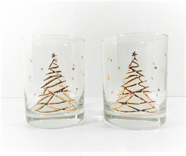 Culver Signed Mid-Century Golden Christmas Tree Double Old Fashion Glasses (Set of 2)