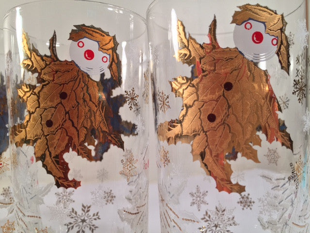 Vintage Christmas White and 22-Karat Gold Holly Boy Glasses (Set of 4)