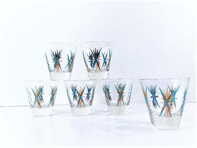 Federal Glass Inca Atomic Turquoise and 22-Karat Gold Starburst Shot Glasses (Set of 6)