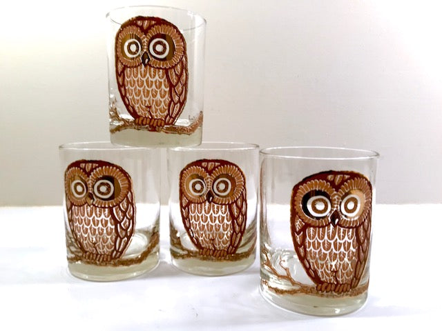 Georges Briard Signed Vintage Retro Owl Double Old Fashion Glasses (Set of 4)