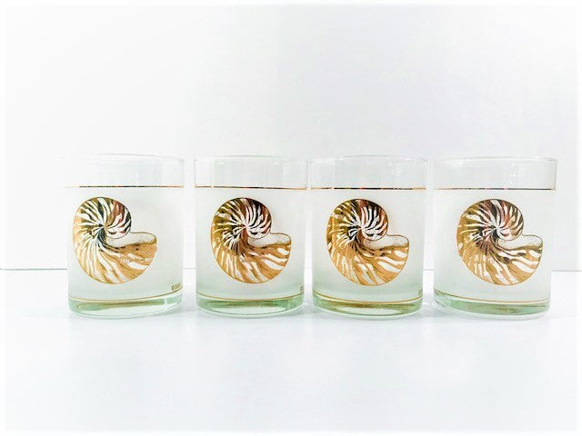 Culver Signed Mid-Century Golden Seashells Double Old Fashion Glasses (Set of 4)