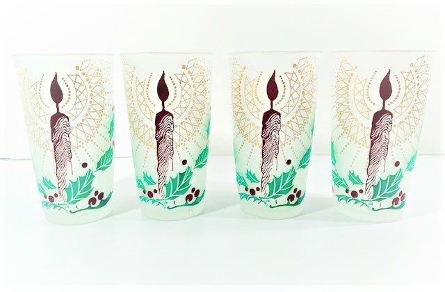 Vintage Frosted Holiday Candle Glasses (Set of 4)