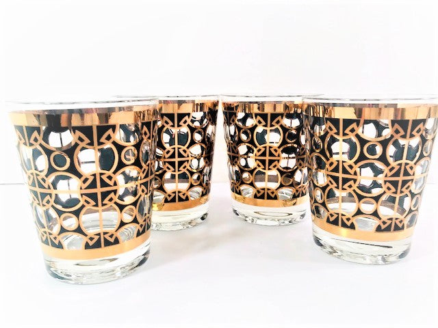 Mid-Century 22-Karat Gold and Black Mod Circles Double Old Fashion Glasses (Set of 4)