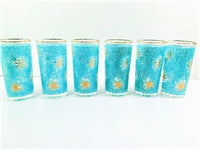 Load image into Gallery viewer, Libbey Mid-Century Partytime Star Frost Gold and Turquoise Atomic Stars Glasses (Set of 6)
