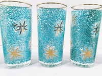 Load image into Gallery viewer, Libbey Mid-Century Partytime Star Frost Gold and Turquoise Atomic Stars Glasses (Set of 6)
