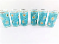 Load image into Gallery viewer, Libbey Mid-Century Partytime Star Frost Gold and Turquoise Atomic Stars Glasses (Set of 6)
