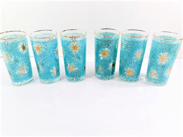 Libbey Mid-Century Partytime Star Frost Gold and Turquoise Atomic Stars Glasses (Set of 6)