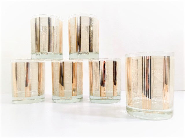 Georges Briard Signed Gold and White Abstract Double Old Fashion Glasses (Set of 6)