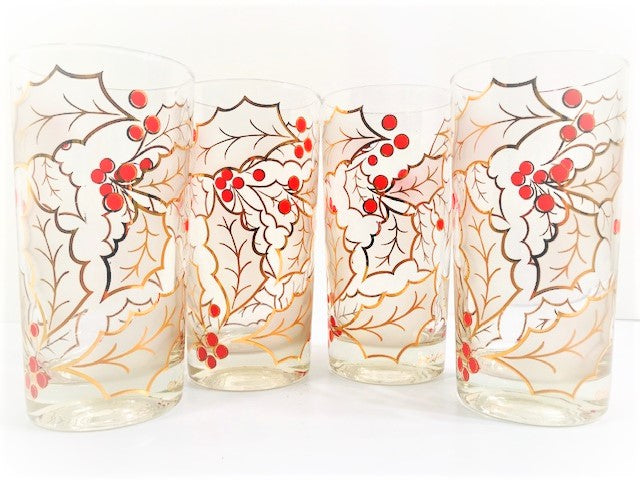 Culver Signed Mid-Century Frosted Holly Highball Glasses (Set of 4)
