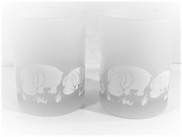Georges Briard Signed Mid-Century Frosted Hippopotamus Double Old Fashion Glasses (Set of 2)