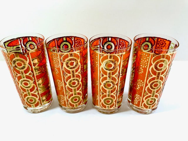 Georges Briard Signed Mid-Century Orange and Green Deco Highball Glasses (Set of 4)