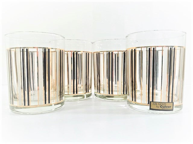 Culver Signed Mid-Century Pinstripes Double Old Fashion Glasses (Set of 4)