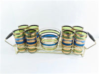Load image into Gallery viewer, Culver Signed Mid-Century Rondo Blue-Green and Gold Stripe 10-Piece Bar Set
