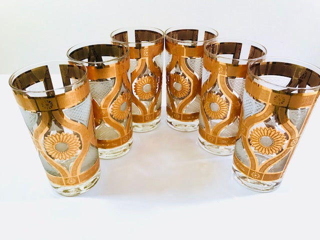 Fred Press Signed Mid-Century Golden Flower Glasses (Set of 6)