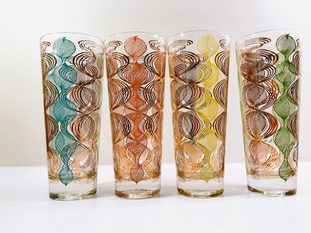 Gay Fad Signed Atomic Swirl Tall Collins Glasses (Set of 4)