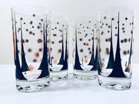 Load image into Gallery viewer, Fred Press Signed Mid-Century Black and 22-Karat Gold Atomic Triangles and Starburst Highball Glasses (Set of 4)
