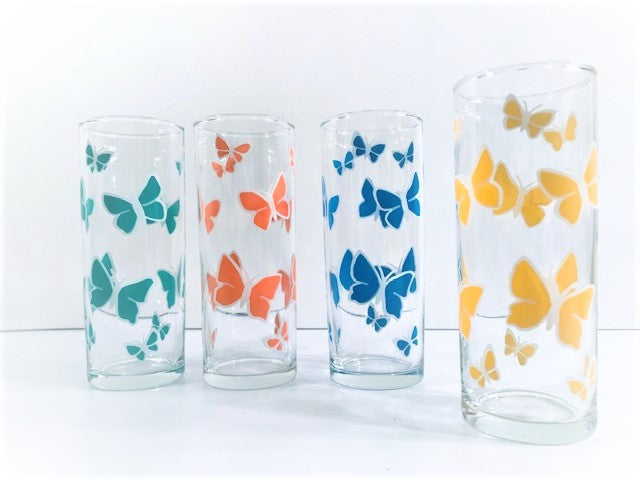 Libbey Vintage Summertime Butterfly Tall Collins Glasses (Set of 4)