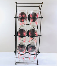 Load image into Gallery viewer, Federal Glass Mid-Century Pink Atomic Starburst Glasses with Tipsy Tim Carrier (Set of 6 with Carrier)
