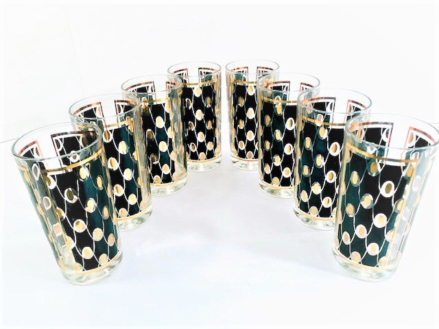 Hazel Atlas Mid-Century Black and Gold Party Pretty Glasses (Set of 8)